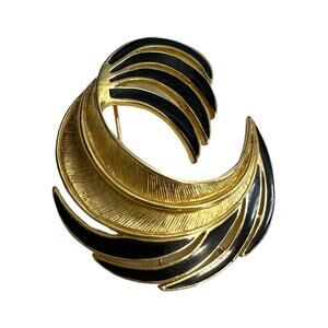 Trifari Gold Tone Black Enamel Brooch Signed